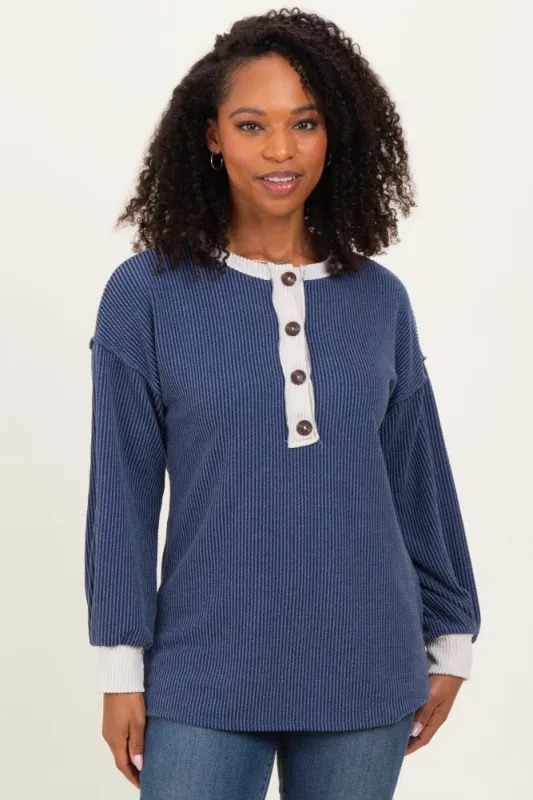 Navy Long Sleeve Contrast Button Detail Rib Top sold by Pinkblush