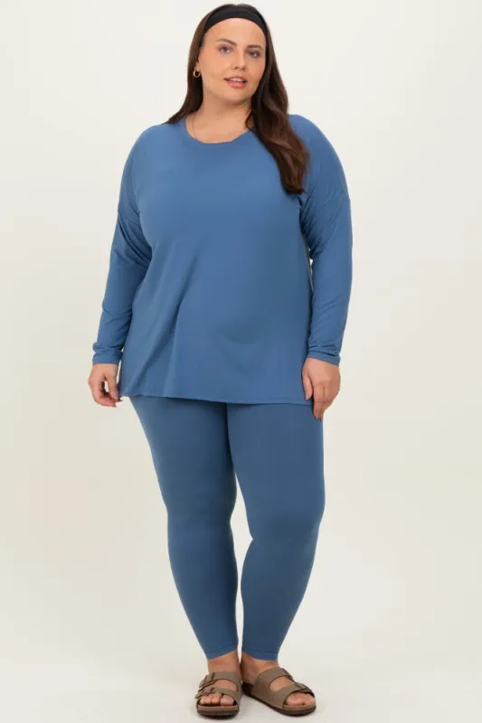 Blue Brushed Knit Oversized Top and Legging Plus Set sold by Pinkblush