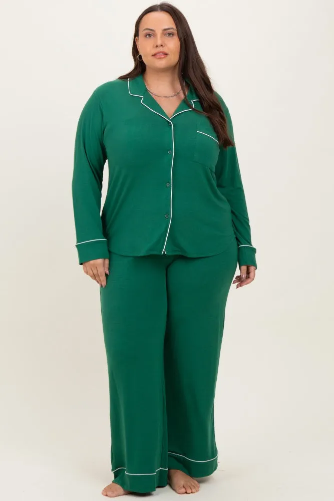 Forest Green Button Down Top Wide Leg Pant Plus Pajama Set sold by Pinkblush
