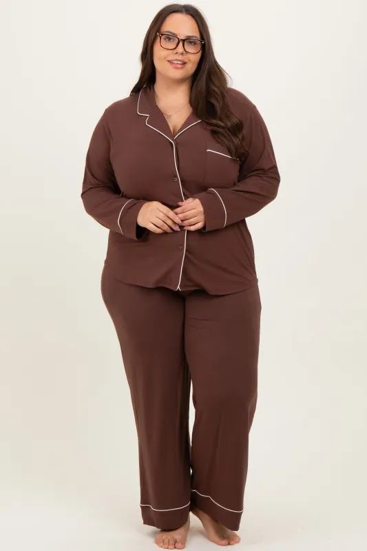 Brown Button Down Top Wide Leg Pant Plus Pajama Set sold by Pinkblush