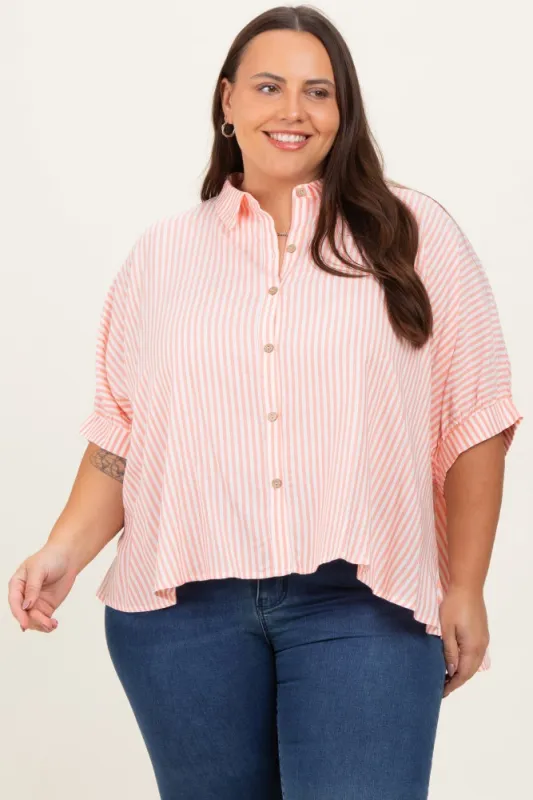 Coral Striped Button Up Short Dolman Sleeve Plus Top sold by Pinkblush