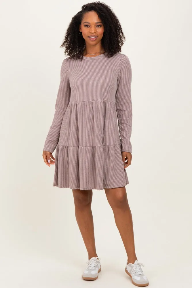 Mauve Textured Rib Tiered Long Sleeve Dress sold by Pinkblush