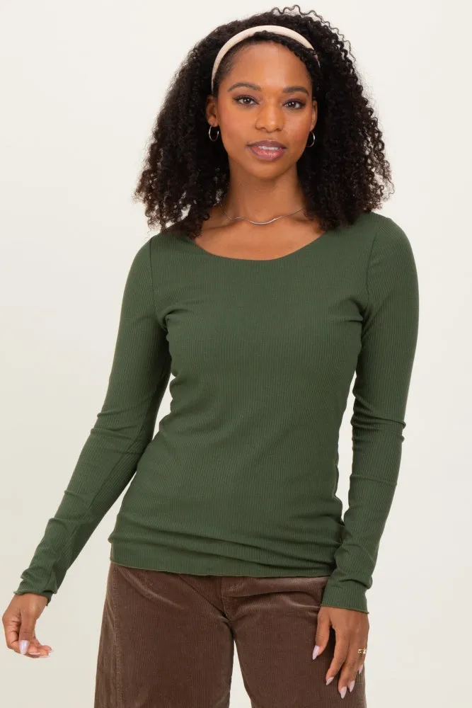 Olive Ribbed Long Sleeve Lettuce Trim Top sold by Pinkblush
