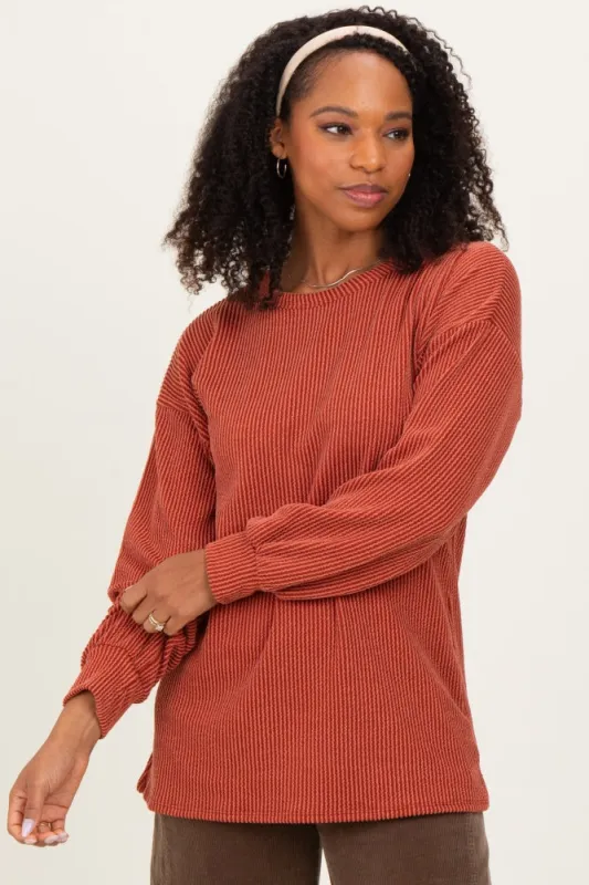 Rust Puff Sleeve Solid Ribbed Top sold by Pinkblush