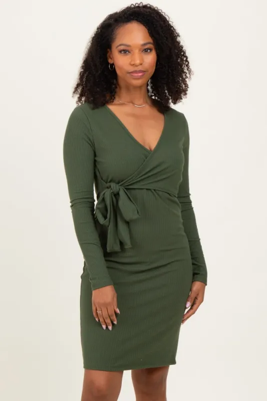 Olive Ribbed Long Sleeve V-Neck Wrap Midi Dress sold by Pinkblush