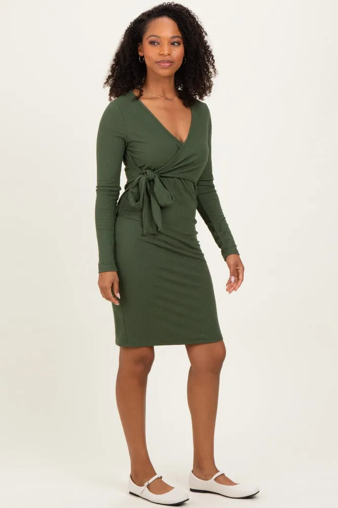 Olive Ribbed Long Sleeve V-Neck Wrap Midi Dress sold by Pinkblush product image thumbnail 2