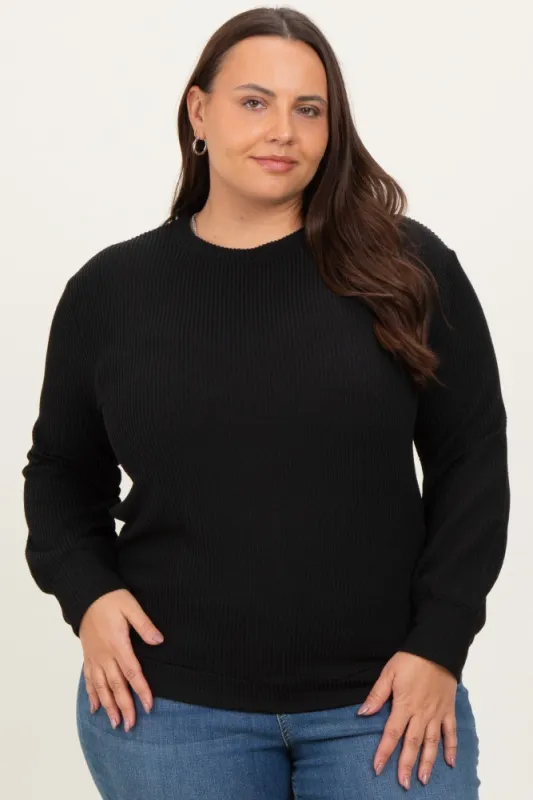 Black Textured Ribbed Long Sleeve Plus Top sold by Pinkblush