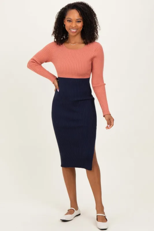 Pink Navy Knit Colorblock Long Sleeve Midi Dress sold by Pinkblush