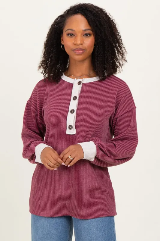 Burgundy Long Sleeve Contrast Button Detail Rib Top sold by Pinkblush