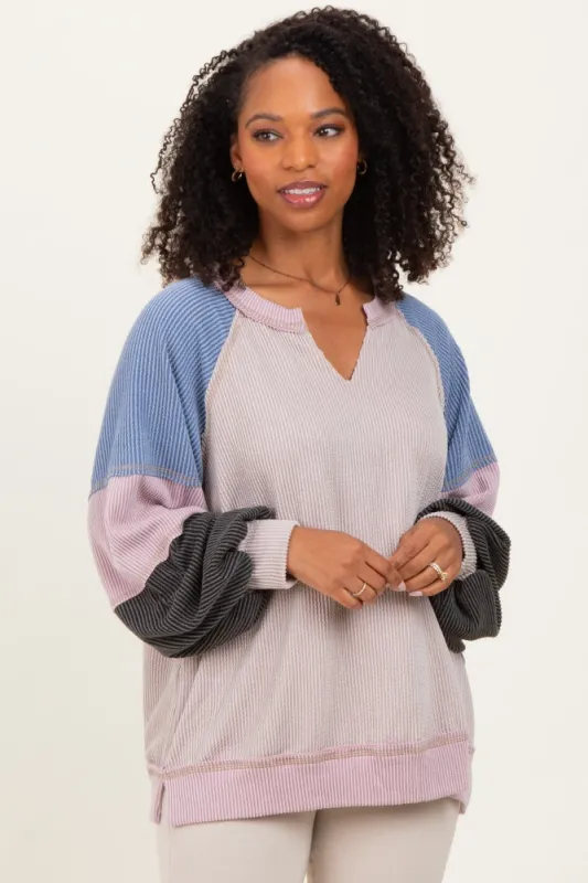Mauve Color Block Long Sleeve V-Neck Top sold by Pinkblush