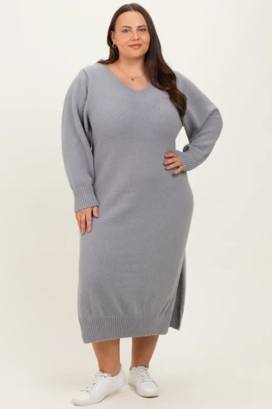 Heather Grey V-Neck Relaxed Fit Plus Sweater Dress sold by Pinkblush