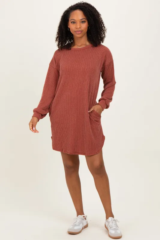 Rust Rib Knit Long Sleeve Dress sold by Pinkblush