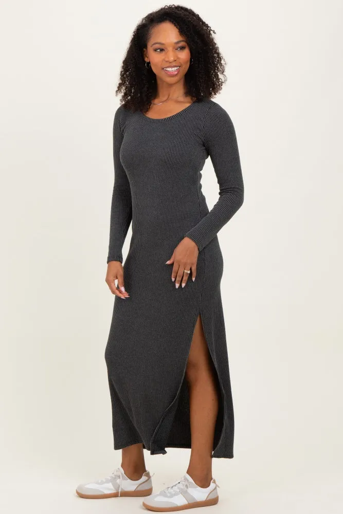 Charcoal Ribbed Long Sleeve Side Slit Maxi Dress sold by Pinkblush product image thumbnail 3