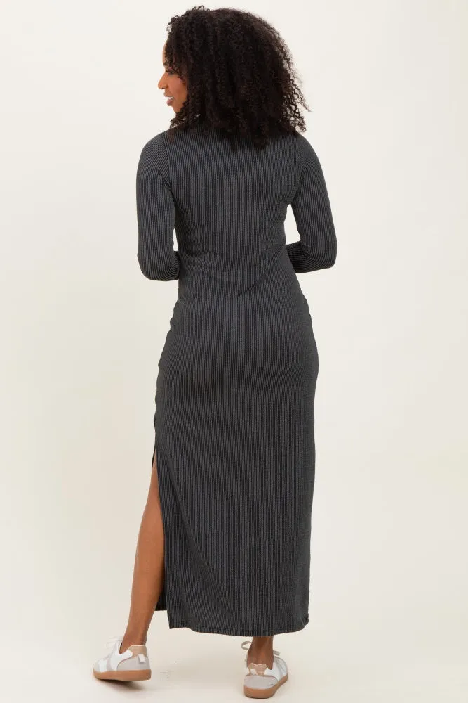 Charcoal Ribbed Long Sleeve Side Slit Maxi Dress sold by Pinkblush product image thumbnail 4