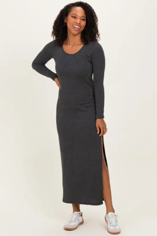 Charcoal Ribbed Long Sleeve Side Slit Maxi Dress sold by Pinkblush