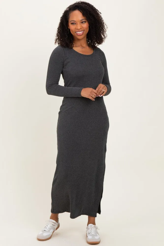 Charcoal Ribbed Long Sleeve Side Slit Maxi Dress sold by Pinkblush product image thumbnail 2