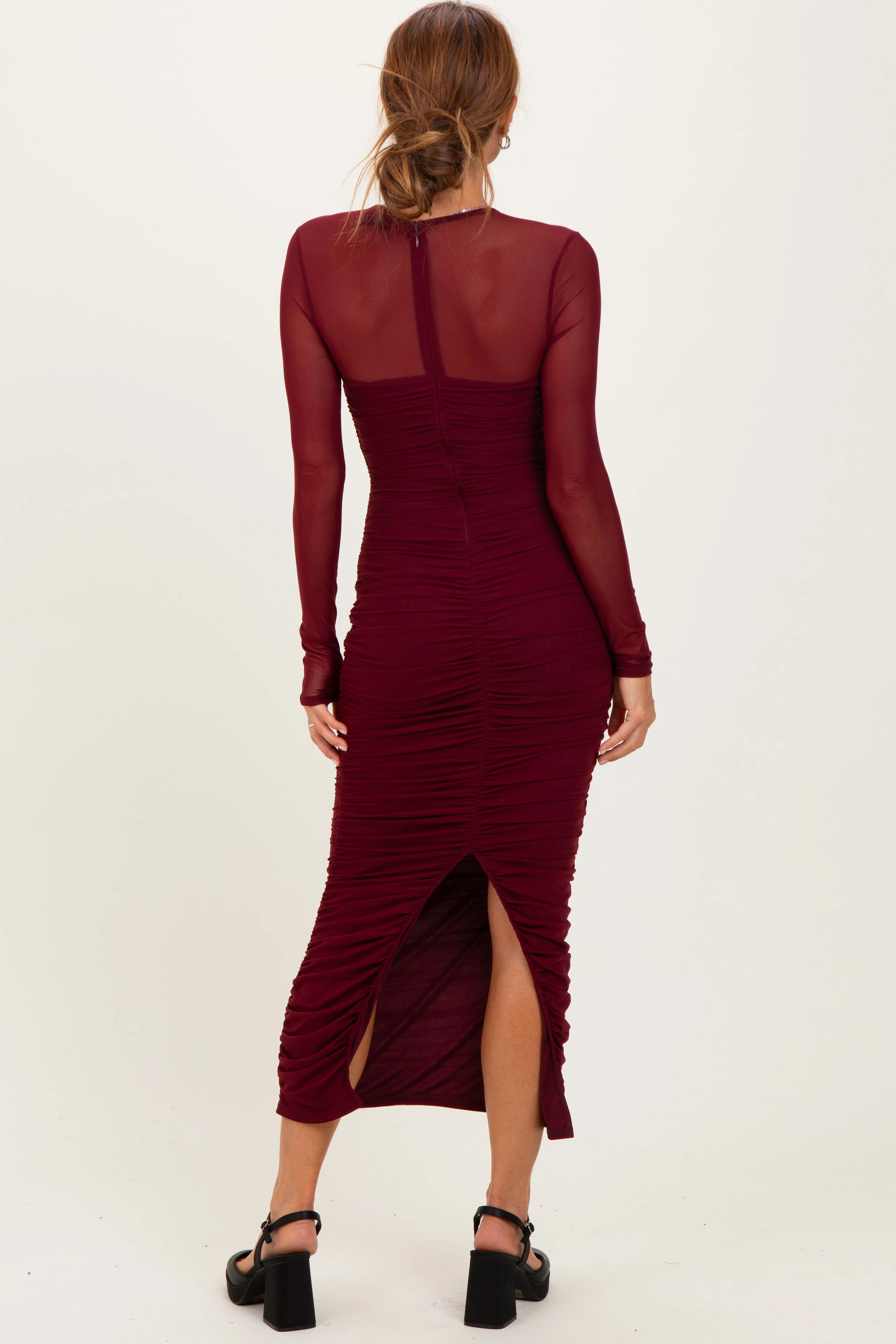Burgundy Mesh Ruched Long Sleeve Midi Dress sold by Pinkblush product image thumbnail 4
