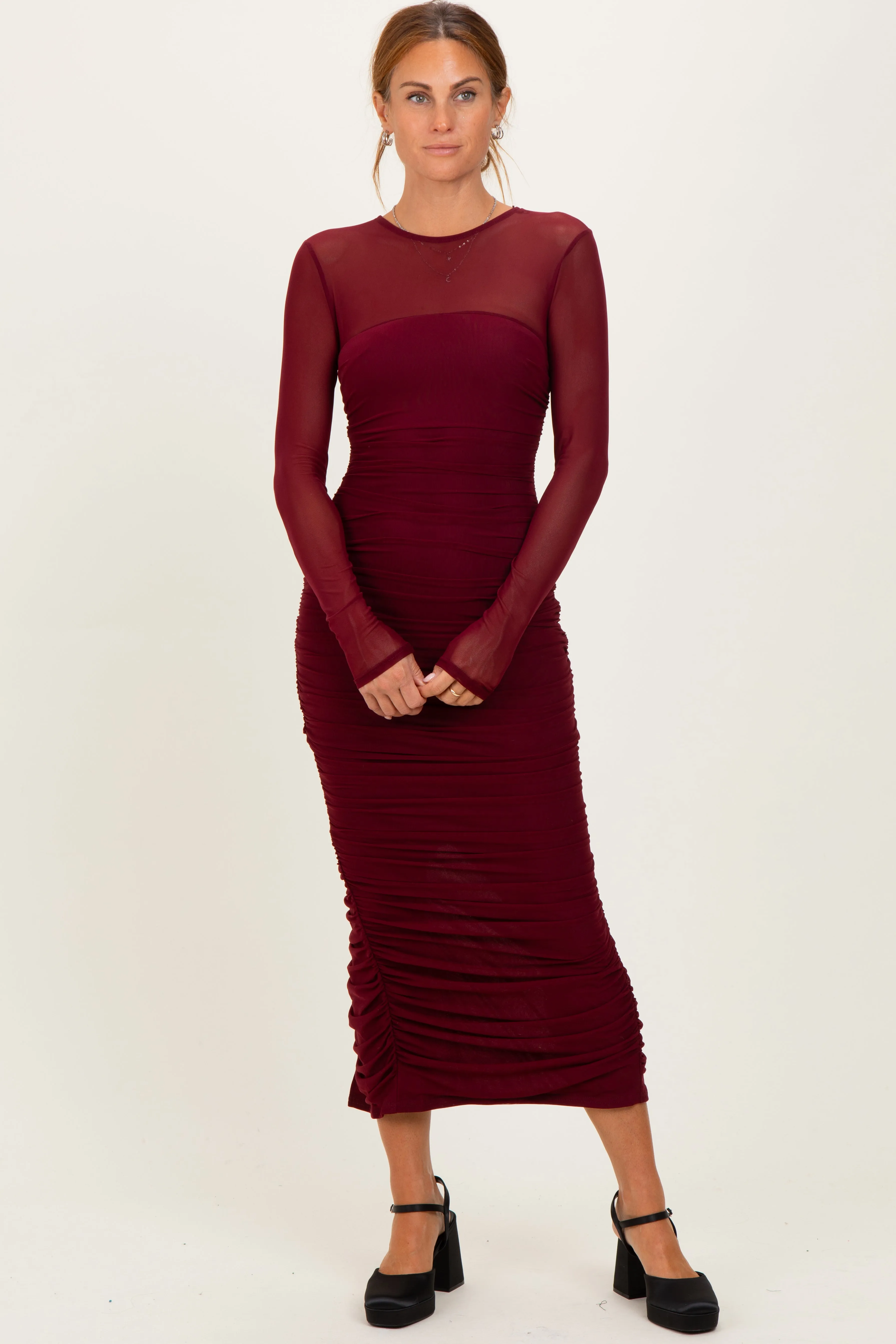 Burgundy Mesh Ruched Long Sleeve Midi Dress sold by Pinkblush