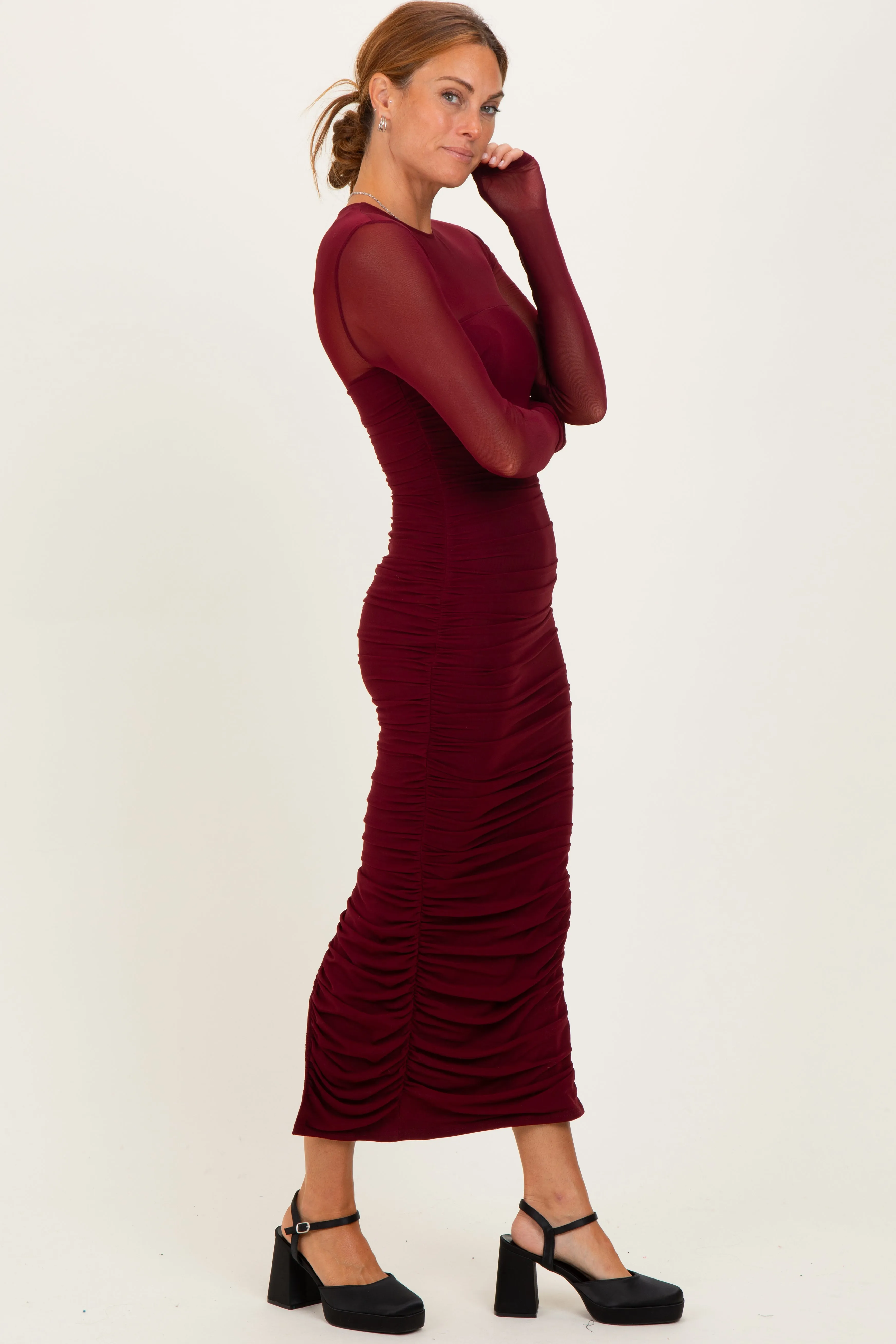 Burgundy Mesh Ruched Long Sleeve Midi Dress sold by Pinkblush product image thumbnail 3