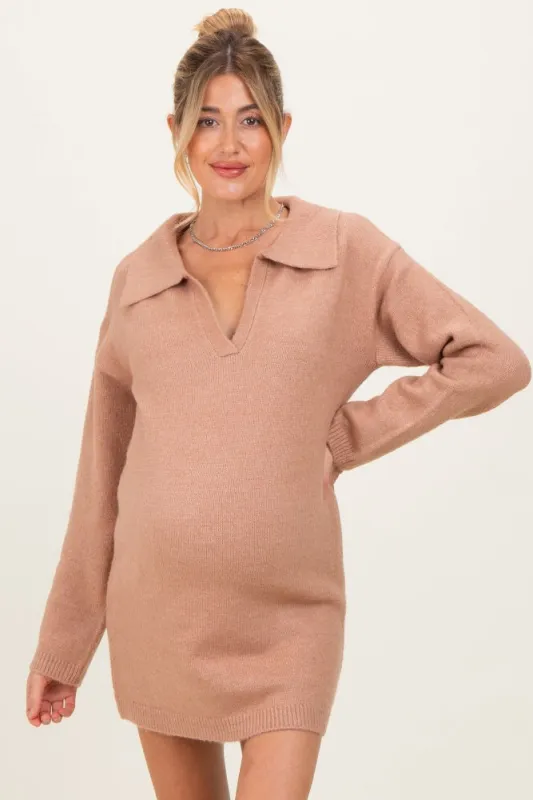 Camel Long Sleeve Polo Maternity Sweater Dress sold by Pinkblush