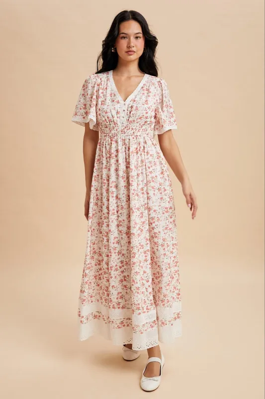 Pink Floral Lace Trim Flutter Sleeve Maxi Dress sold by Pinkblush