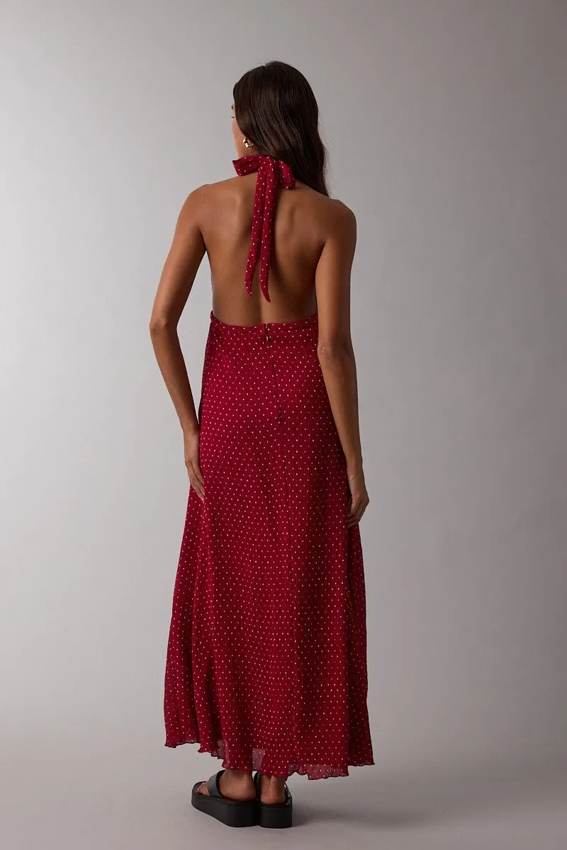 Red Polka Dot Halter Tie Open Back Maxi Dress sold by Pinkblush product image thumbnail 4