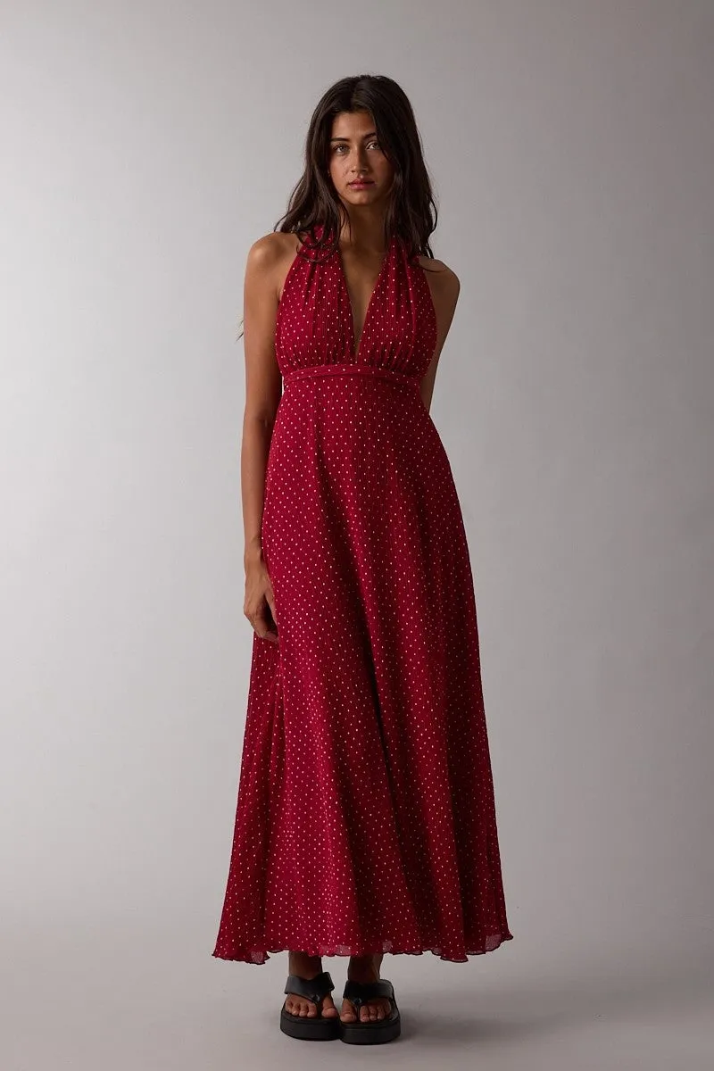 Red Polka Dot Halter Tie Open Back Maxi Dress sold by Pinkblush product image thumbnail 2