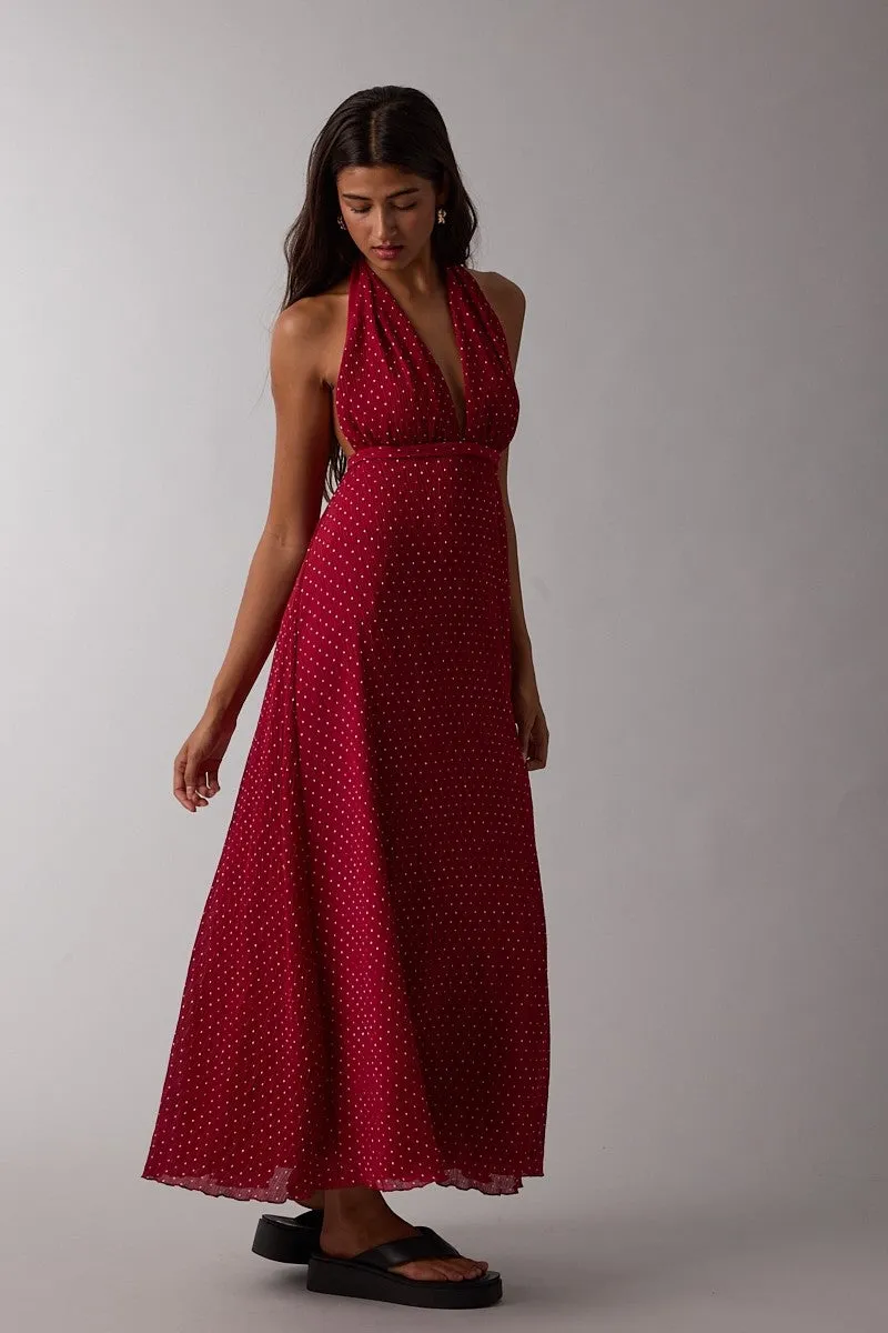 Red Polka Dot Halter Tie Open Back Maxi Dress sold by Pinkblush product image thumbnail 3