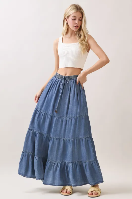 Blue Chambray Tiered Maxi Skirt sold by Pinkblush