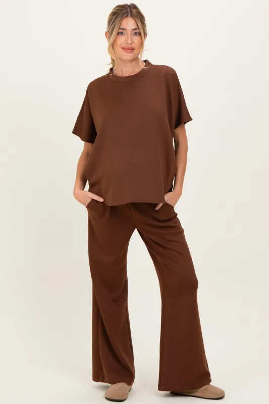 Brown Curved Hem Tee Pants Maternity Lounge Set sold by Pinkblush