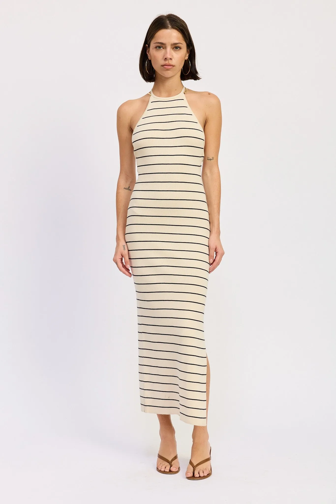 Cream Striped Halter Open Back Midi Dress sold by Pinkblush