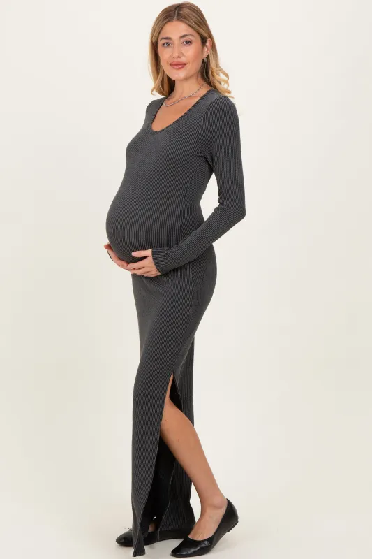 Charcoal Ribbed Long Sleeve Side Slit Maternity Maxi Dress sold by Pinkblush