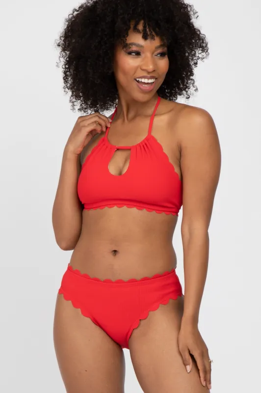 Red Ribbed Scalloped Two-Piece Bikini Set sold by Pinkblush