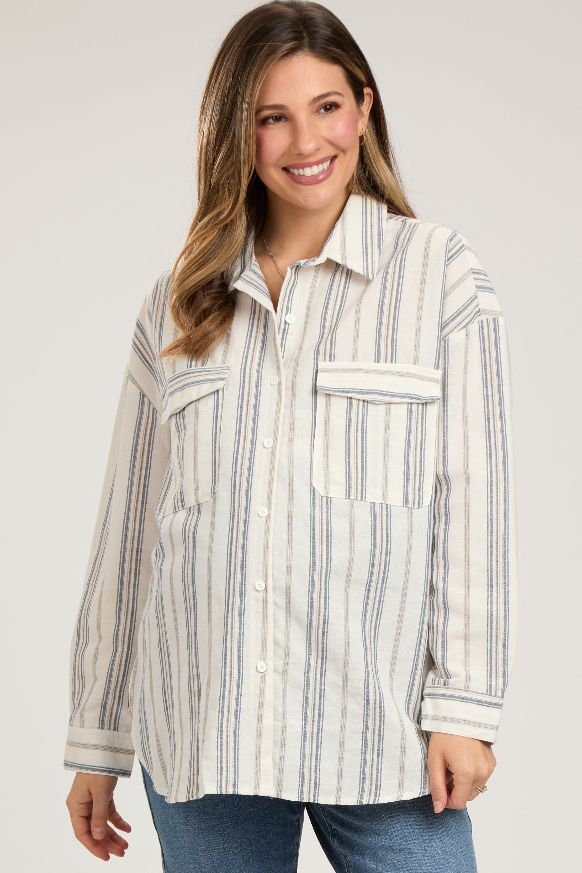 Ivory Striped Front Pocket Maternity Button Up Top sold by Pinkblush