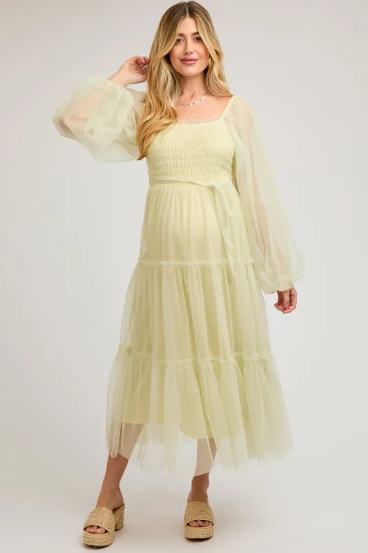 Light Olive Mesh Tiered Long Sleeve Maternity Maxi Dress sold by Pinkblush