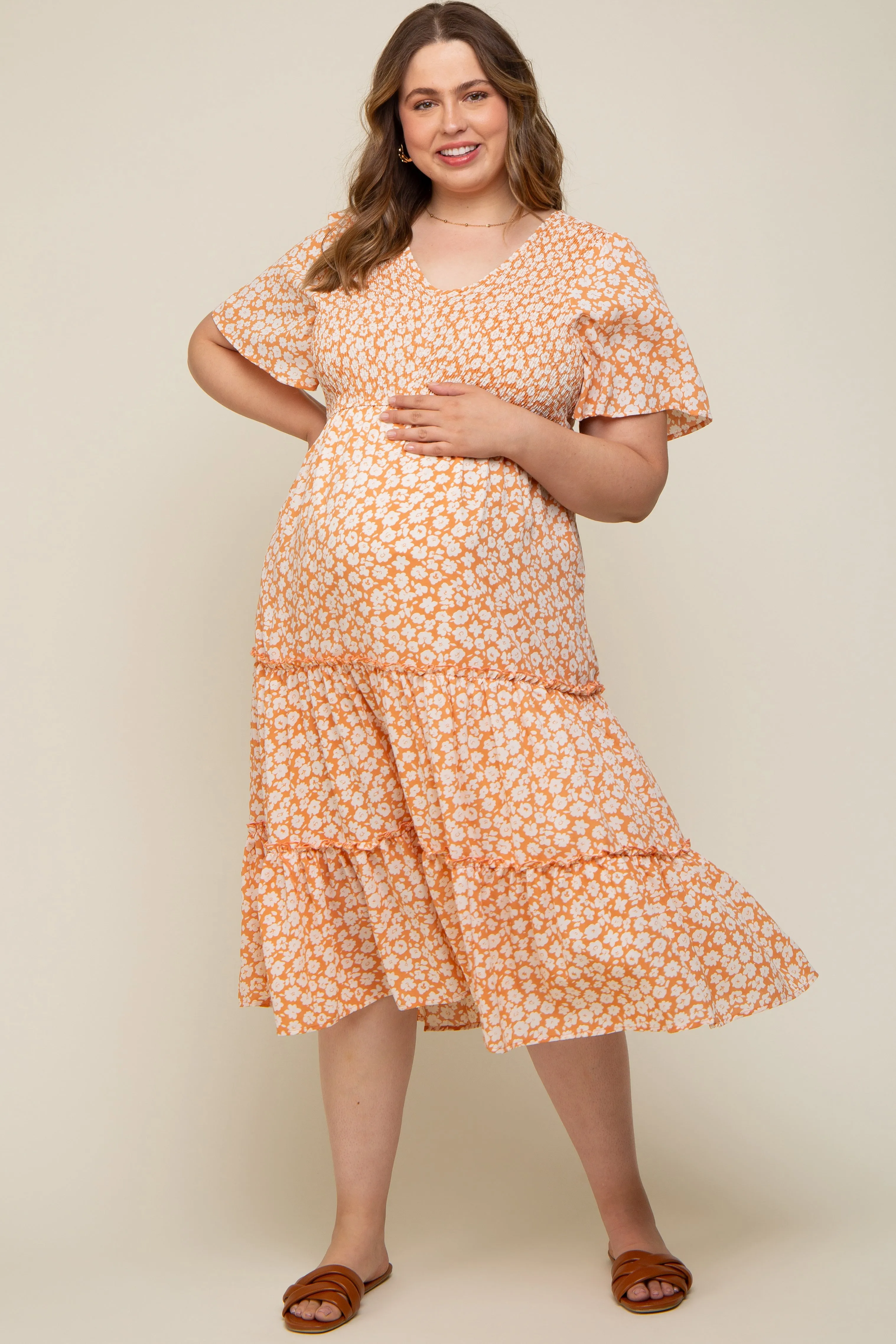 Peach Floral Tiered Maternity Plus Midi Dress sold by Pinkblush product image thumbnail 4