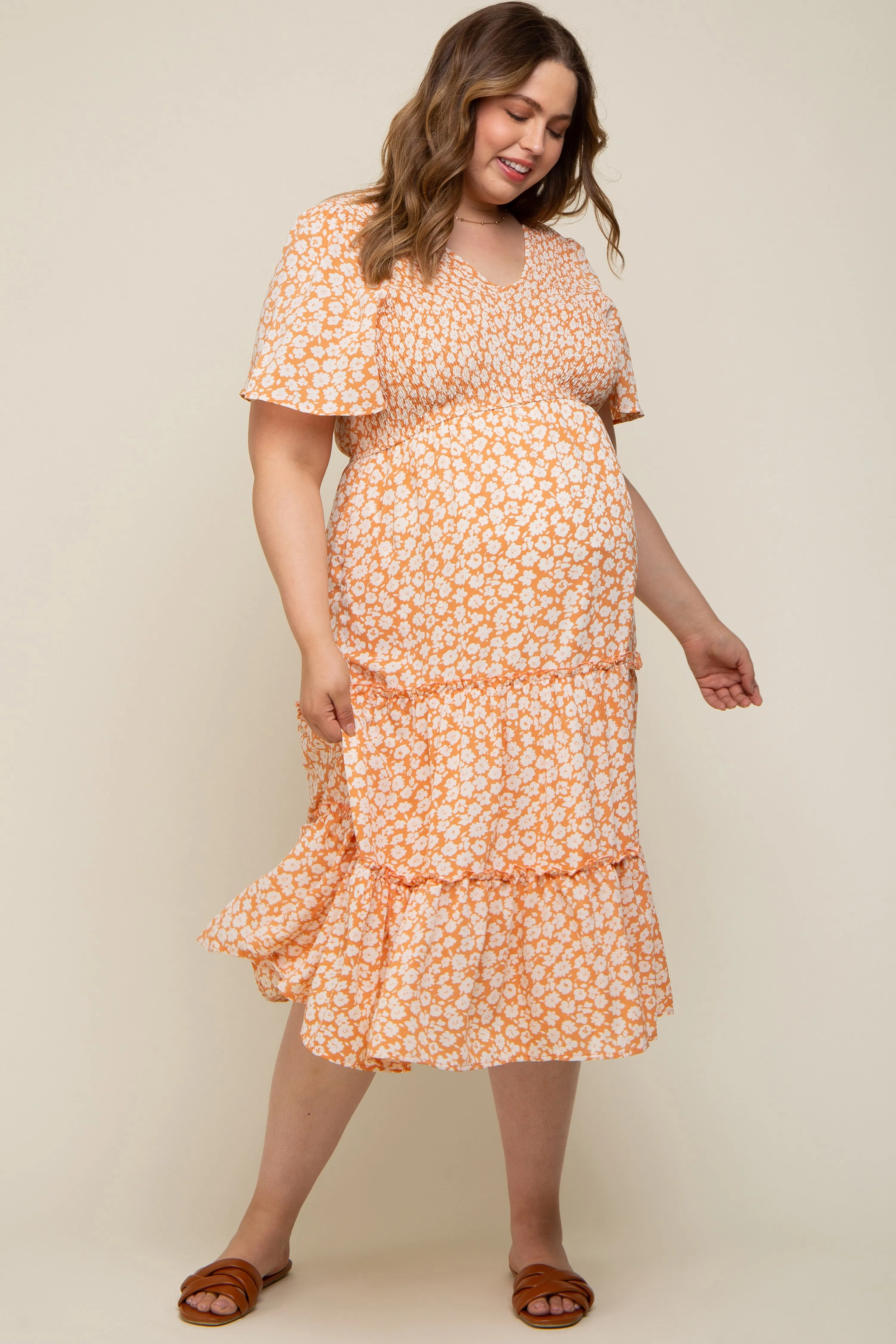 Peach Floral Tiered Maternity Plus Midi Dress sold by Pinkblush