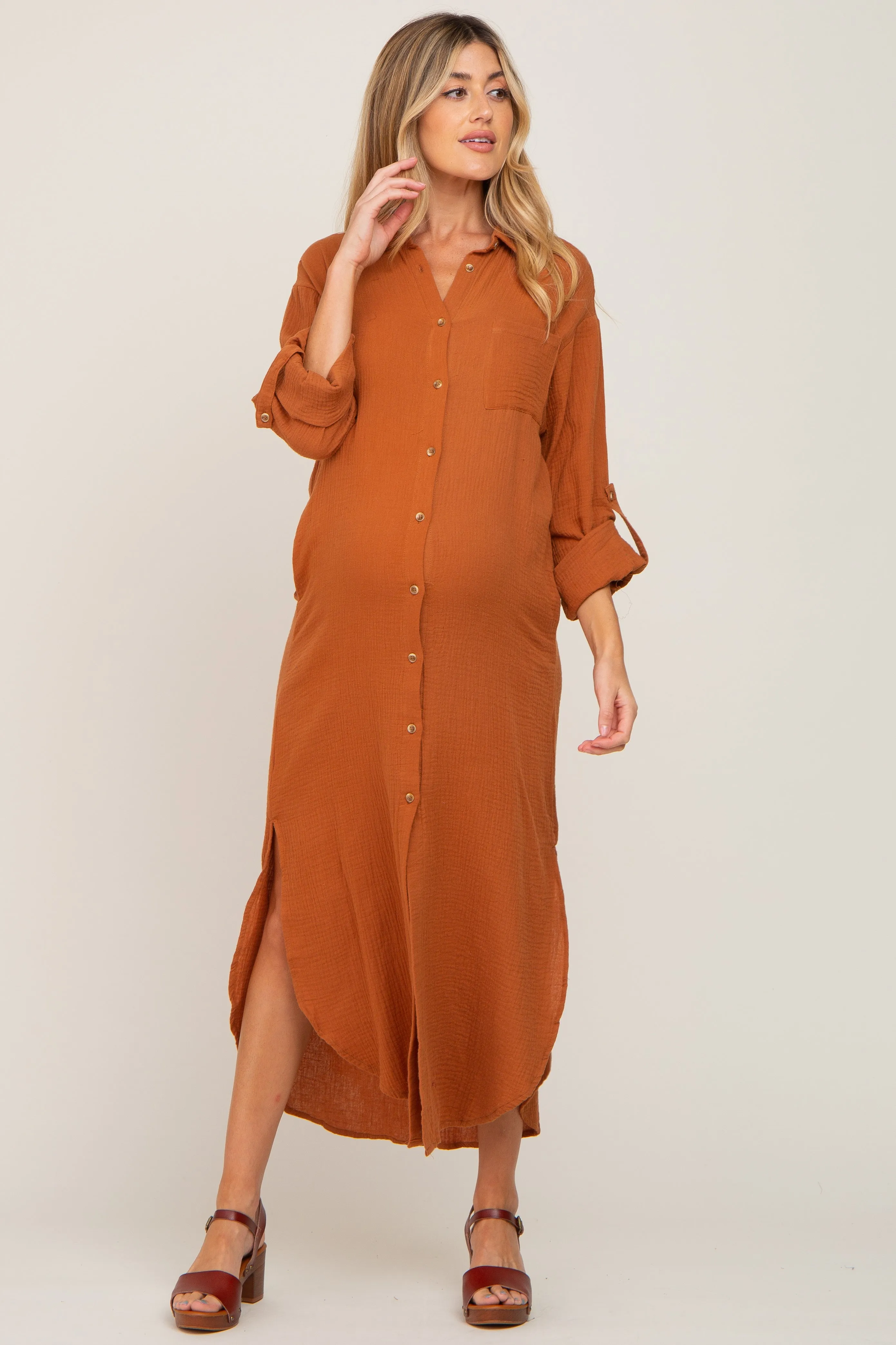 Camel Button Down 3/4 Sleeve Maternity Midi Dress sold by Pinkblush