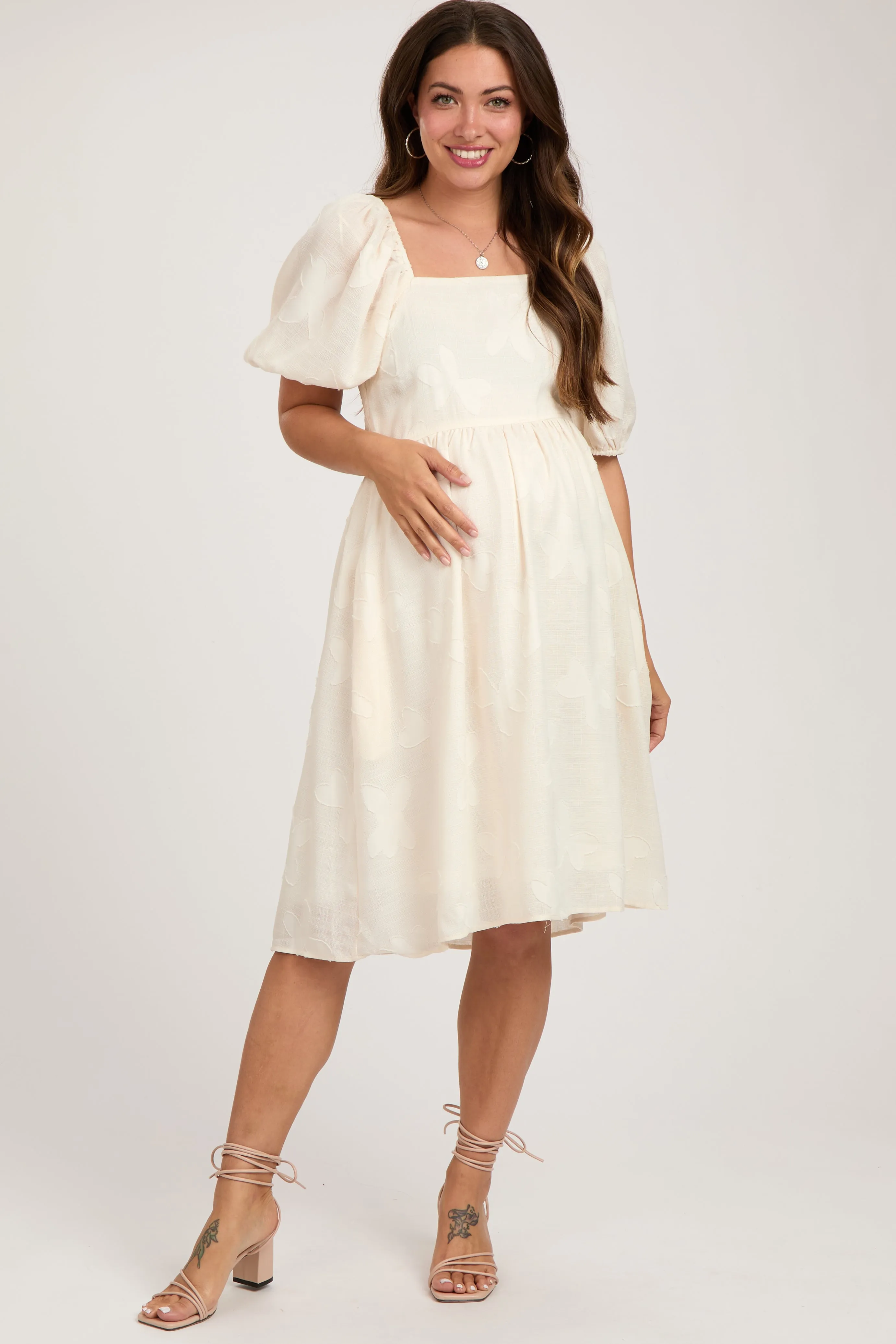Cream Textured Floral Square Neck Puff Sleeve Maternity Dress sold by Pinkblush