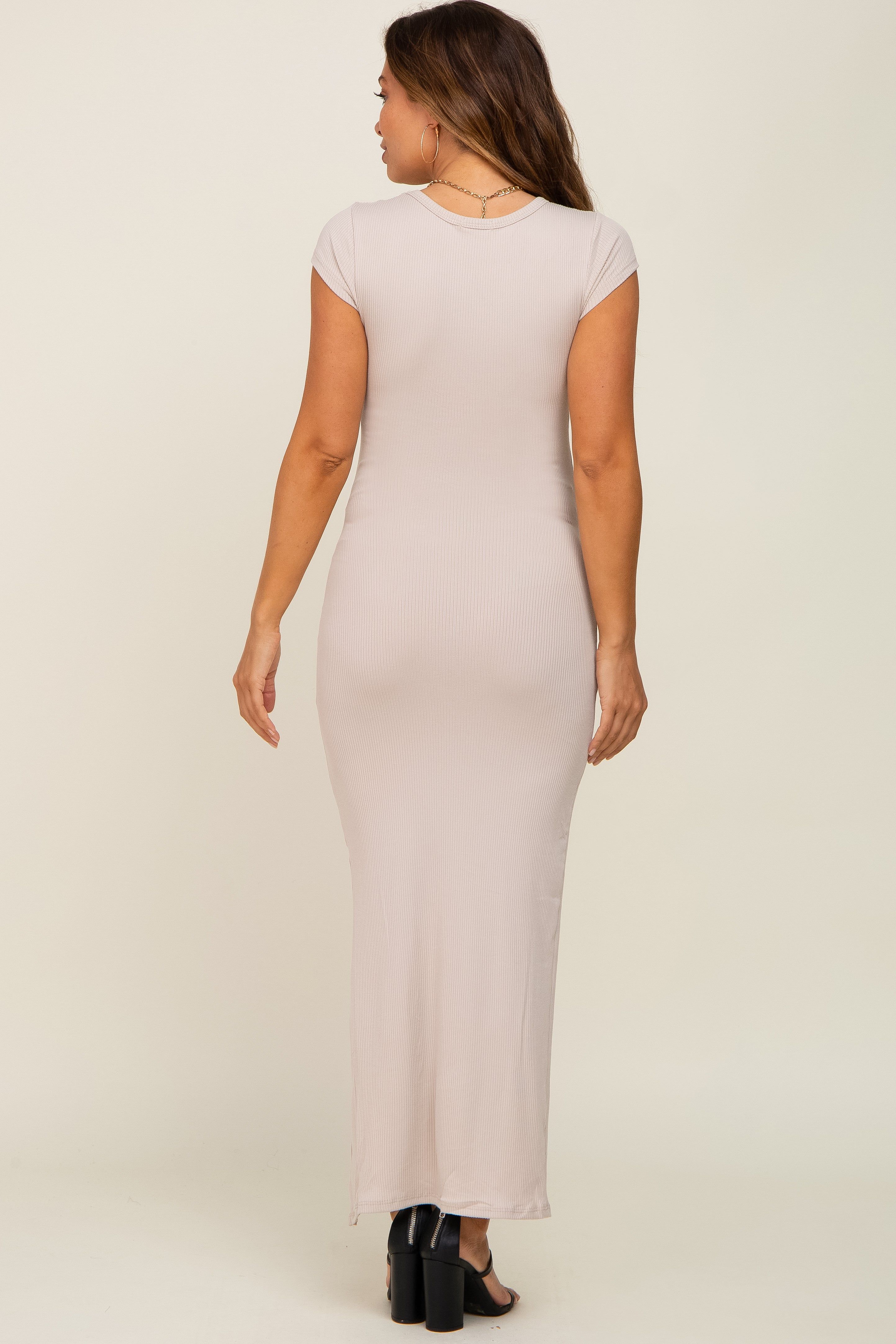 Beige Ribbed Side Slit Maternity Maxi Dress sold by Pinkblush product image thumbnail 3