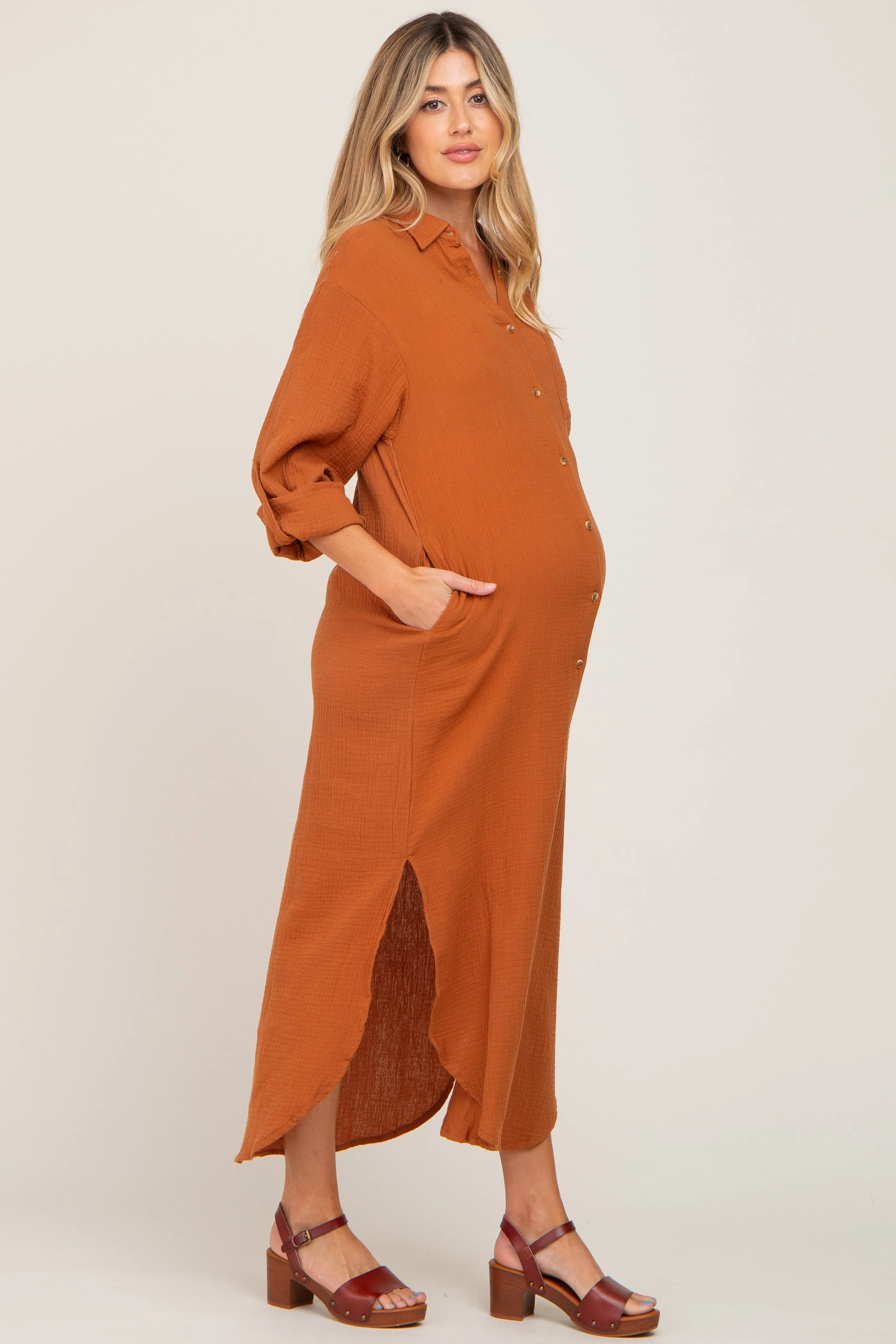 Camel Button Down 3/4 Sleeve Maternity Midi Dress sold by Pinkblush product image thumbnail 2