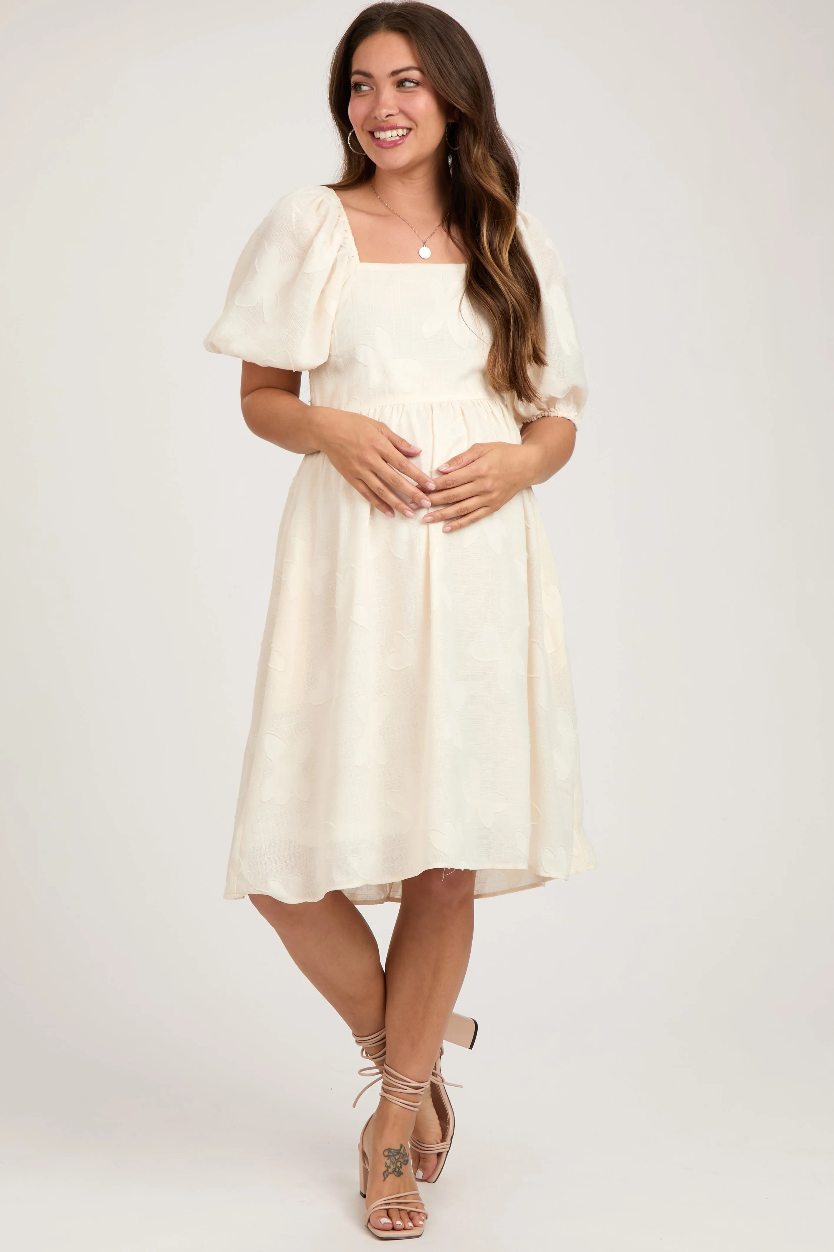 Cream Textured Floral Square Neck Puff Sleeve Maternity Dress sold by Pinkblush product image thumbnail 2