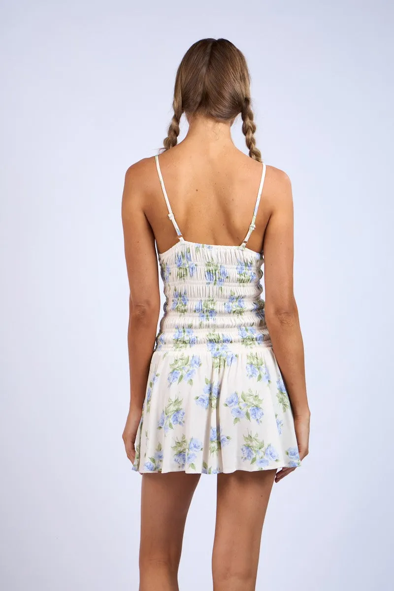 Blue Ivory Floral Smocked Body Lace Trim Mini Dress sold by Pinkblush product image thumbnail 5
