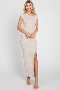 Beige Ribbed Side Slit Maternity Maxi Dress sold by Pinkblush