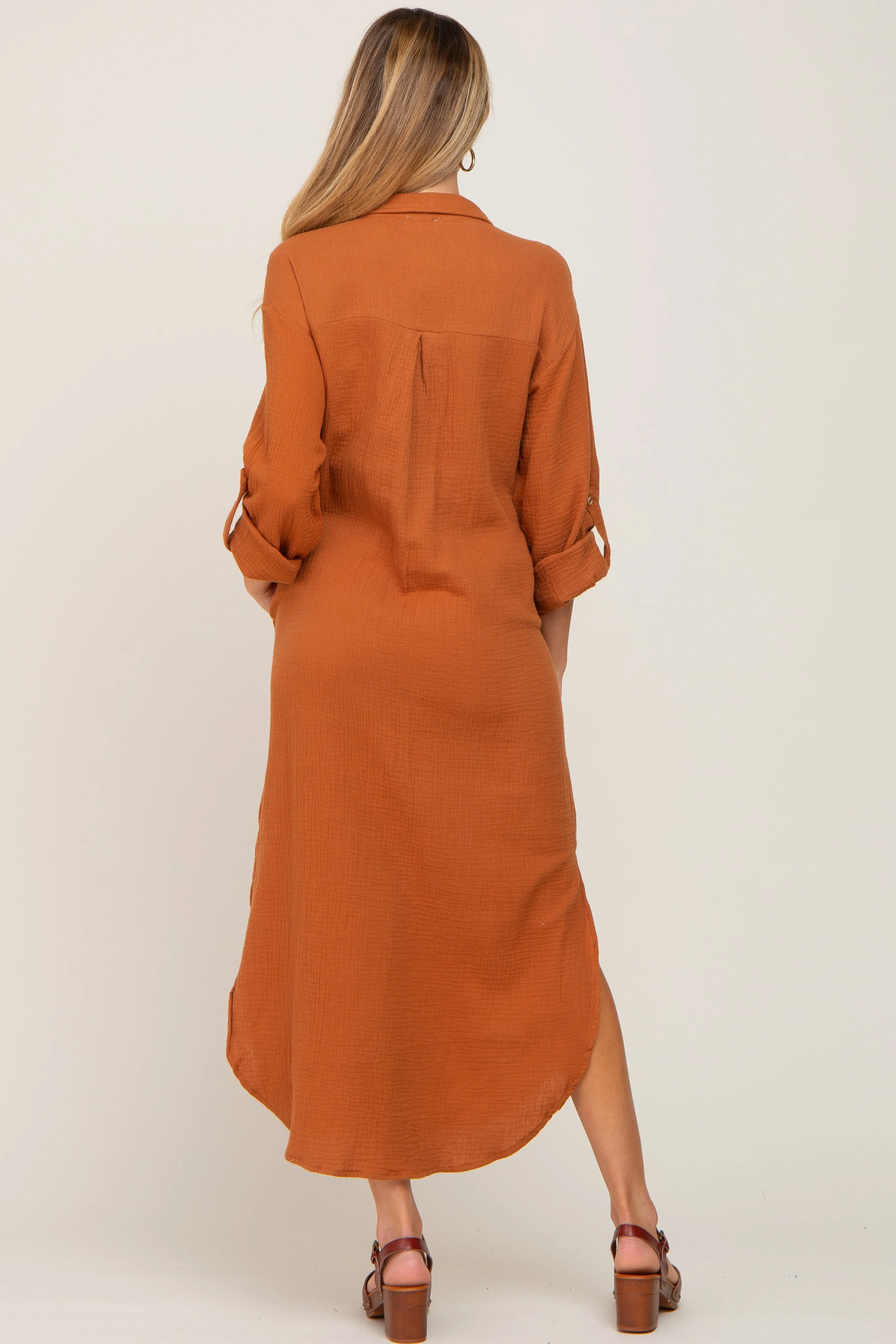 Camel Button Down 3/4 Sleeve Maternity Midi Dress sold by Pinkblush product image thumbnail 3