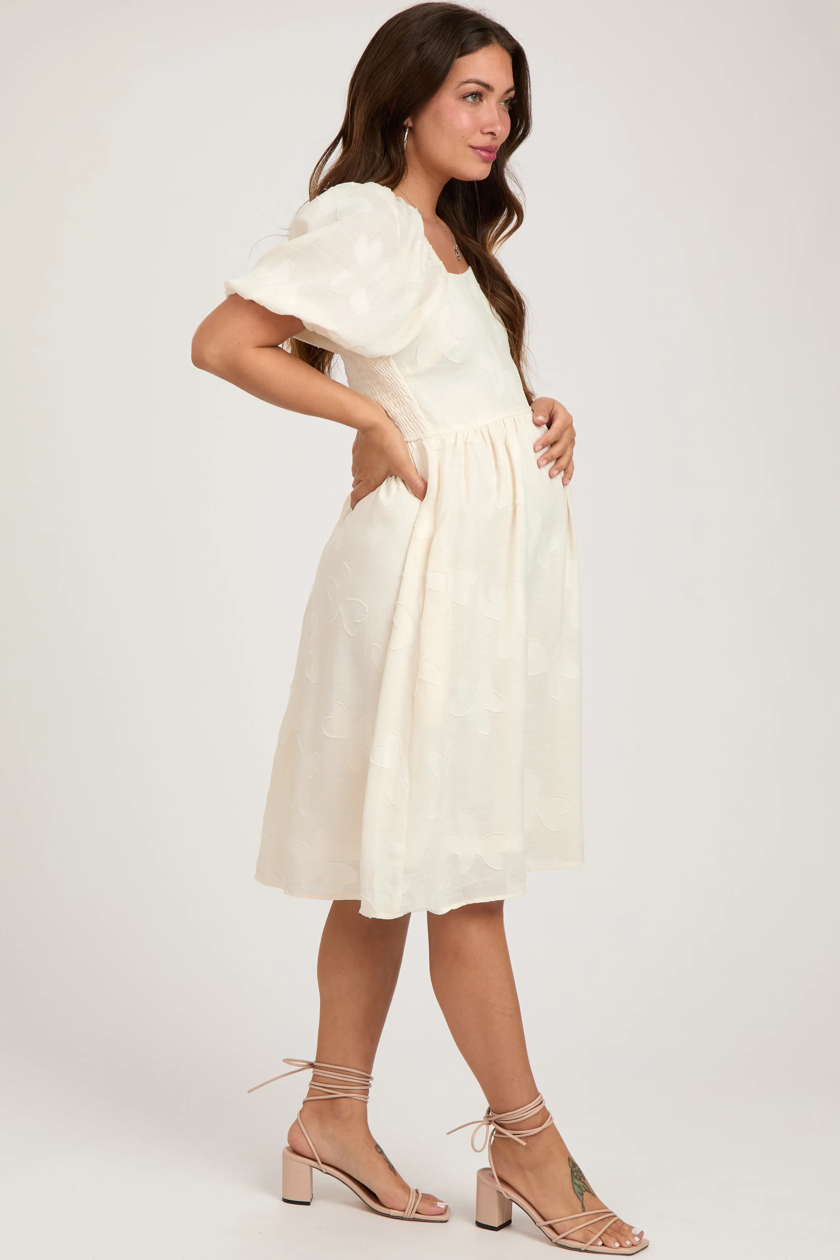 Cream Textured Floral Square Neck Puff Sleeve Maternity Dress sold by Pinkblush product image thumbnail 3