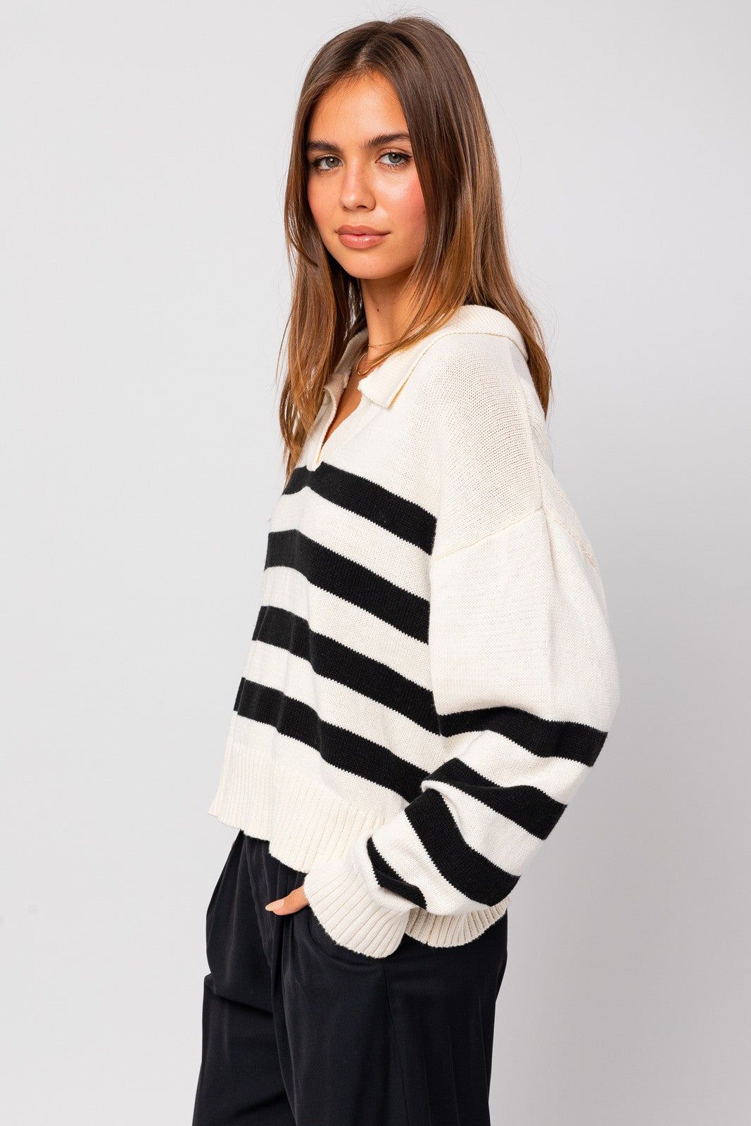 White Black Stripe Collared Sweater Top sold by Pinkblush product image thumbnail 2