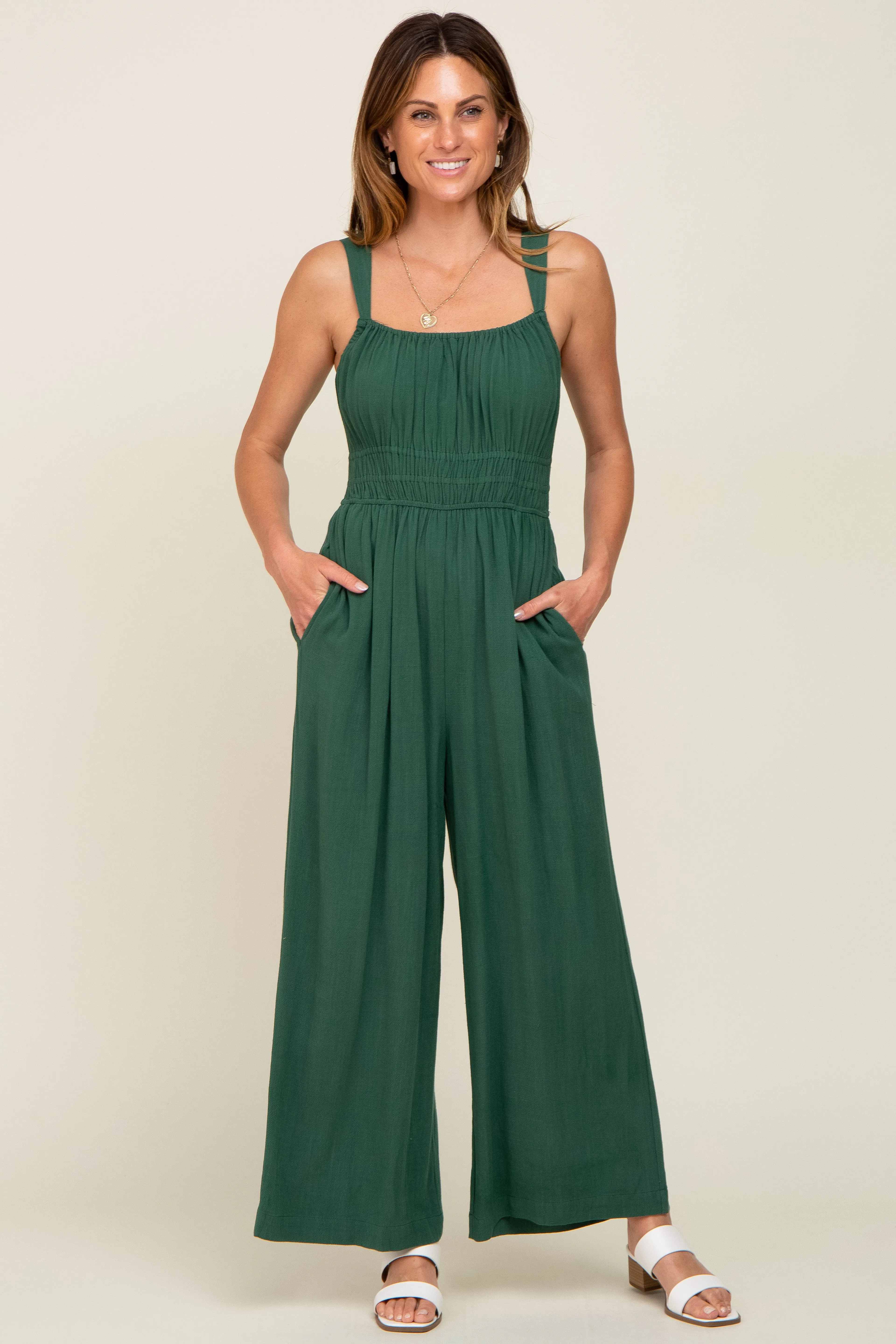 Green Smocked Square Neck Sleeveless Linen Jumpsuit sold by Pinkblush product image thumbnail 5