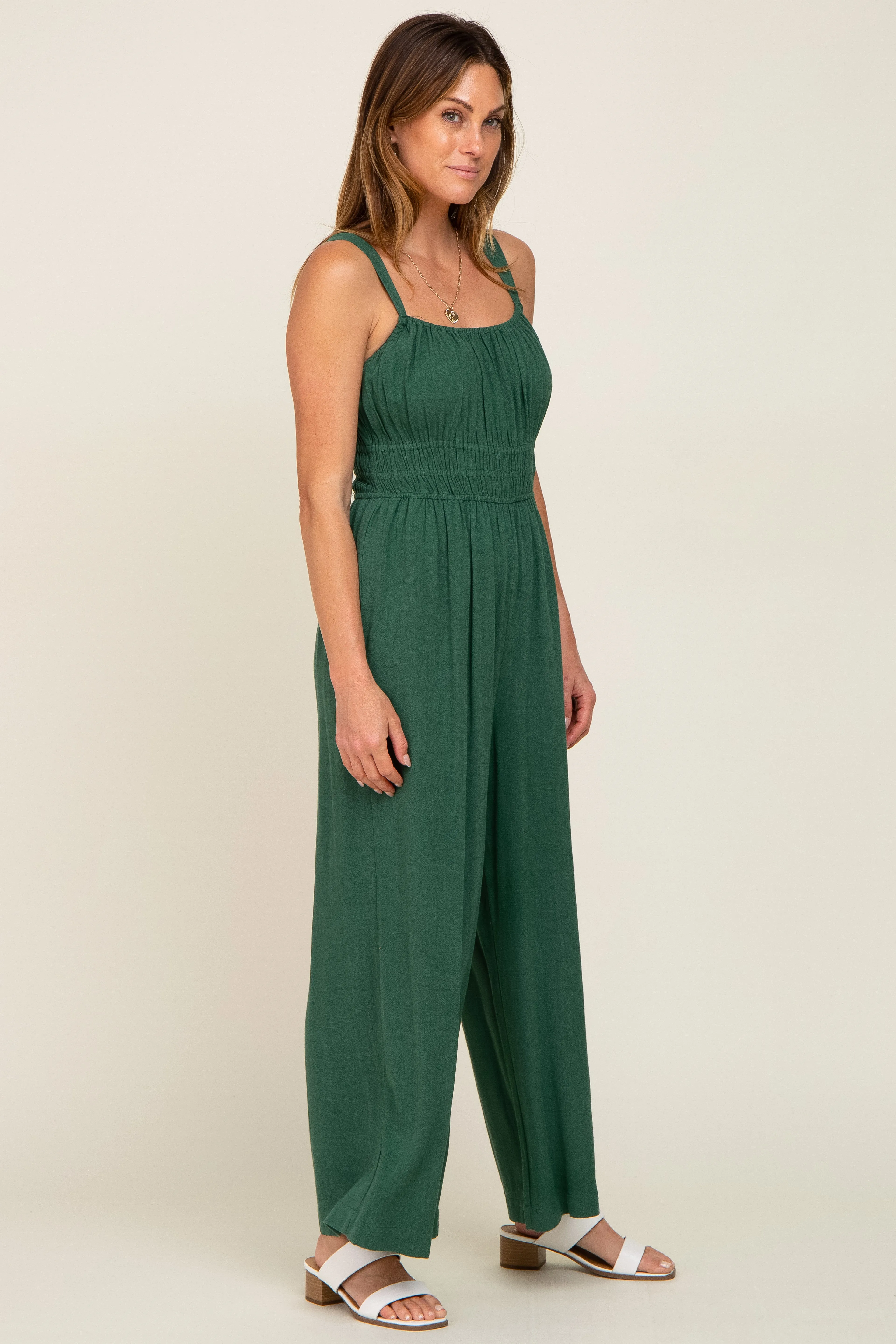 Green Smocked Square Neck Sleeveless Linen Jumpsuit sold by Pinkblush product image thumbnail 2
