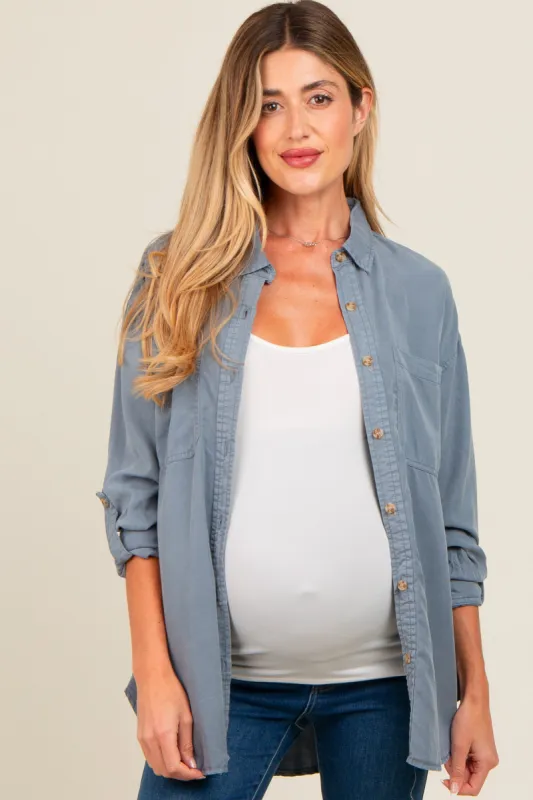 Blue Button Down Maternity Top sold by Pinkblush